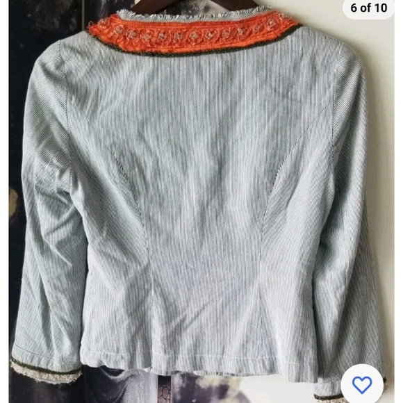 FREE PEOPLE Women's Cropped Blue White Striped Beaded Fray Trim Neck Jacket sz 2 - Picture 6 of 7